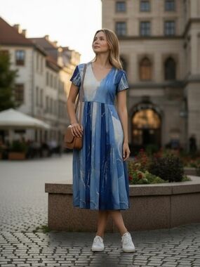 NWT Made With Love Women's Blue Marble Chiffon Flutter Sleeve Maxi Dress Small